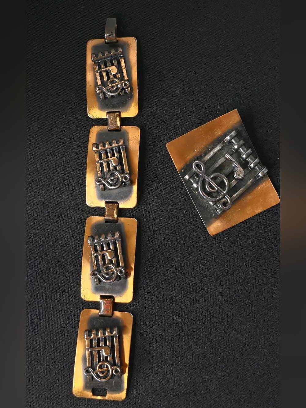 Vintage 1950s MCM Copper Music Note Treble Clef Panel Link Bracelet Brooch Set